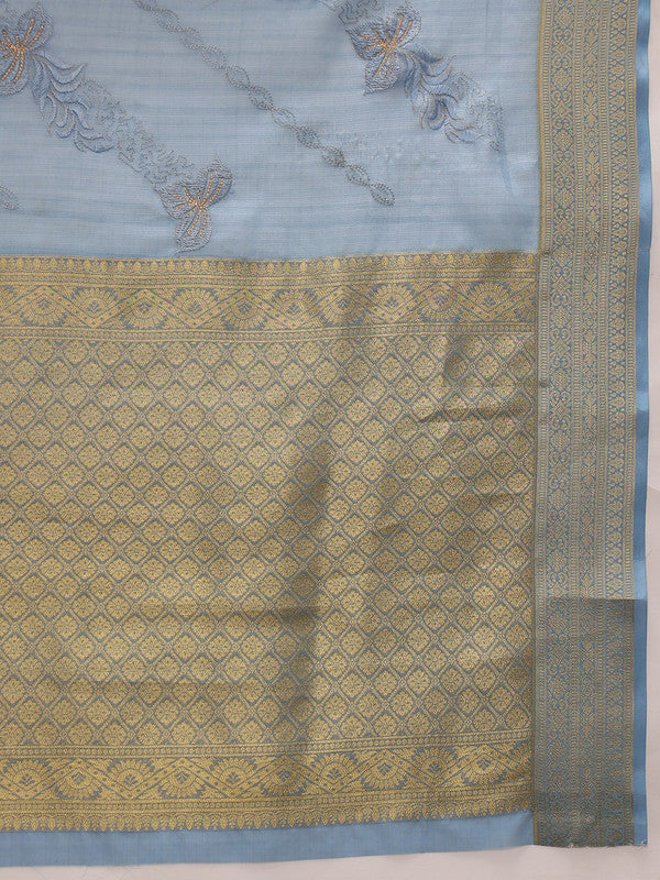 Blue Kota Doria Embroidered Floral Saree with Unstitched Blouse - Hiral Fashion - Distacart