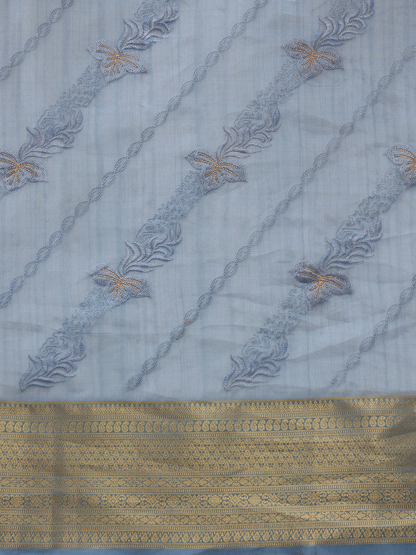 Blue Kota Doria Embroidered Floral Saree with Unstitched Blouse - Hiral Fashion - Distacart