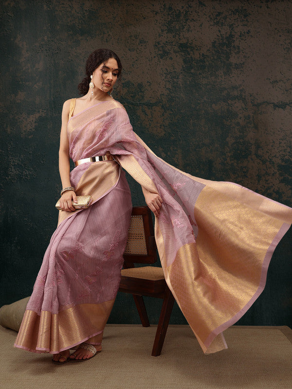 Pink Kota Doria Embroidered Floral Saree with Unstitched Blouse - Hiral Fashion - Distacart