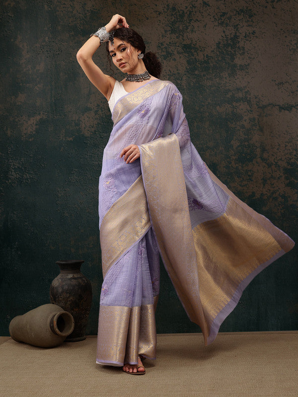 Lavender Kota Doria Embroidered Floral Saree with Unstitched Blouse - Hiral Fashion - Distacart