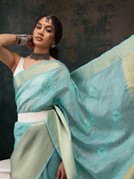 Thumbnail for Turquoise Kota Doria Embroidered Floral Saree with Unstitched Blouse - Hiral Fashion - Distacart