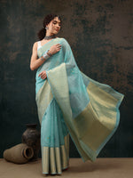 Thumbnail for Turquoise Kota Doria Embroidered Floral Saree with Unstitched Blouse - Hiral Fashion - Distacart
