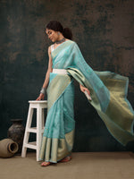 Thumbnail for Turquoise Kota Doria Embroidered Floral Saree with Unstitched Blouse - Hiral Fashion - Distacart