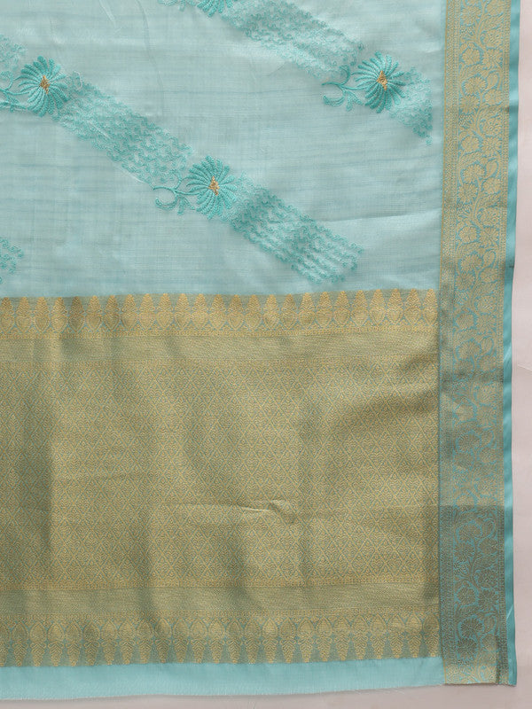 Turquoise Kota Doria Embroidered Floral Saree with Unstitched Blouse - Hiral Fashion - Distacart