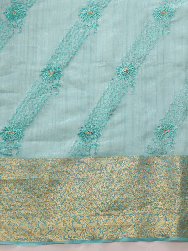 Turquoise Kota Doria Embroidered Floral Saree with Unstitched Blouse - Hiral Fashion - Distacart