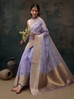 Thumbnail for Lavender Kota Doria Embroidered Floral Saree with Unstitched Blouse - Hiral Fashion - Distacart