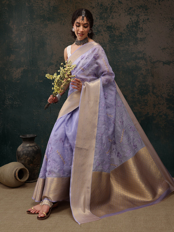 Lavender Kota Doria Embroidered Floral Saree with Unstitched Blouse - Hiral Fashion - Distacart