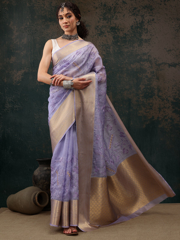 Lavender Kota Doria Embroidered Floral Saree with Unstitched Blouse - Hiral Fashion - Distacart