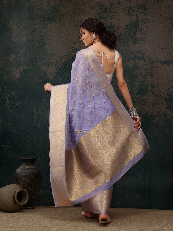 Lavender Kota Doria Embroidered Floral Saree with Unstitched Blouse - Hiral Fashion - Distacart