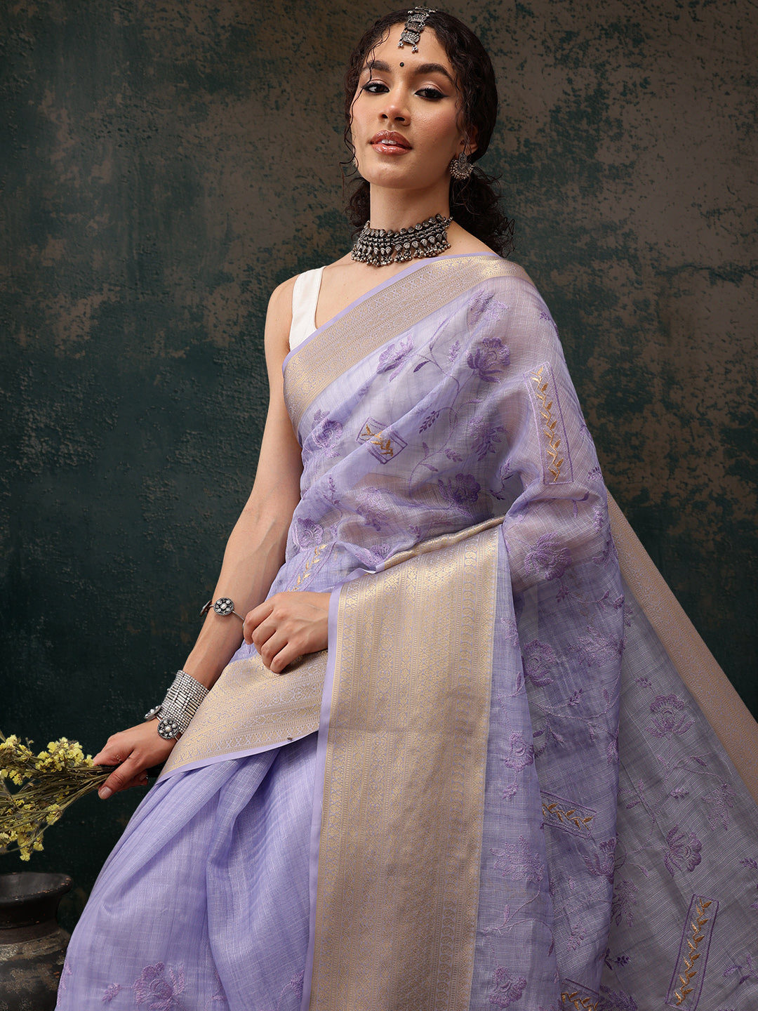 Lavender Kota Doria Embroidered Floral Saree with Unstitched Blouse - Hiral Fashion - Distacart