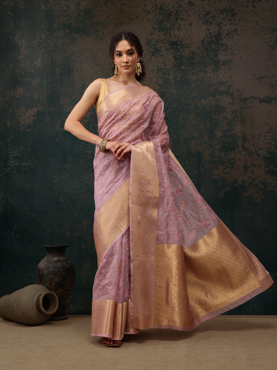 Pink Kota Doria Embroidered Floral Saree with Unstitched Blouse - Hiral Fashion - Distacart