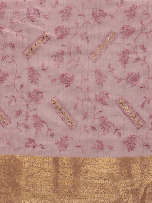 Pink Kota Doria Embroidered Floral Saree with Unstitched Blouse - Hiral Fashion - Distacart