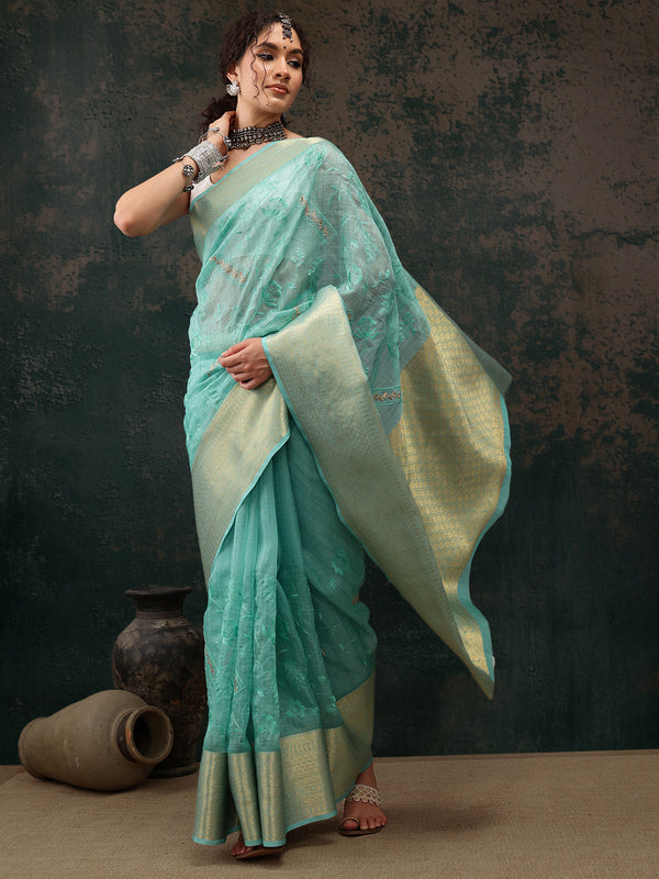 Turquoise Kota Doria Embroidered Floral Saree with Unstitched Blouse - Hiral Fashion - Distacart