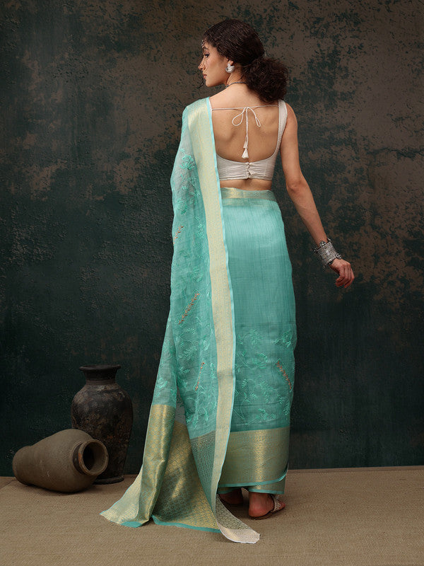 Turquoise Kota Doria Embroidered Floral Saree with Unstitched Blouse - Hiral Fashion - Distacart