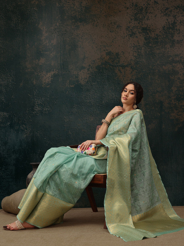 Green Kota Doria Embroidered Floral Saree with Unstitched Blouse - Hiral Fashion - Distacart