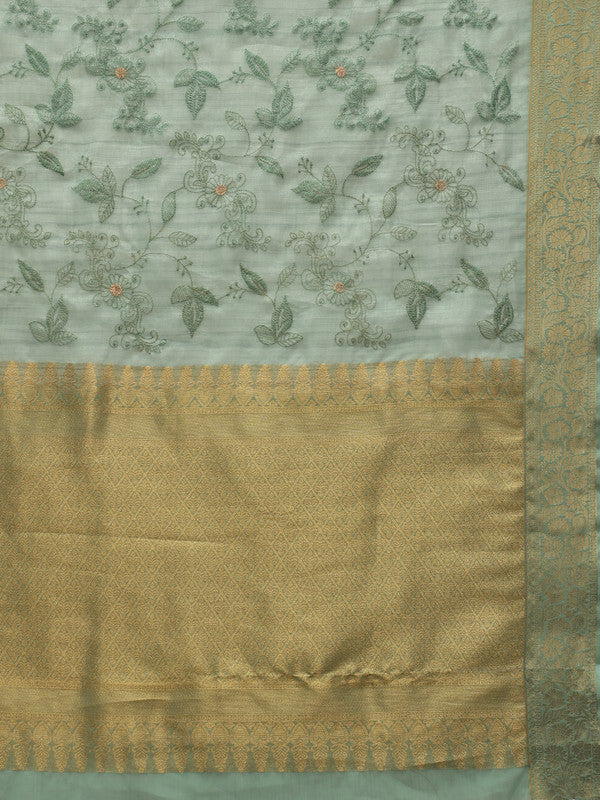 Green Kota Doria Embroidered Floral Saree with Unstitched Blouse - Hiral Fashion - Distacart