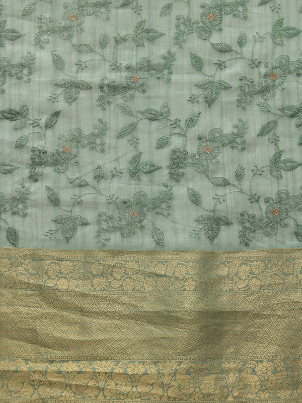 Green Kota Doria Embroidered Floral Saree with Unstitched Blouse - Hiral Fashion - Distacart