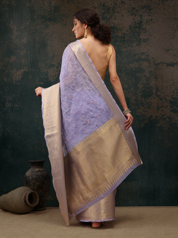 Lavender Kota Doria Embroidered Floral Saree with Unstitched Blouse - Hiral Fashion - Distacart