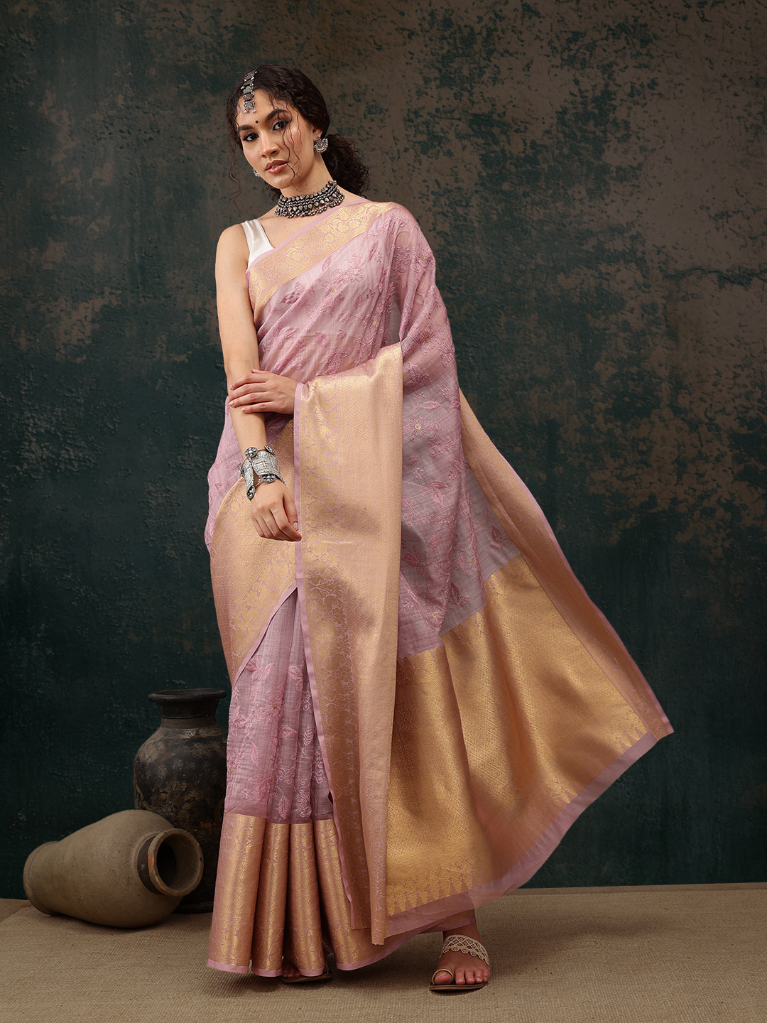 Pink Kota Doria Embroidered Floral Saree with Unstitched Blouse - Hiral Fashion - Distacart
