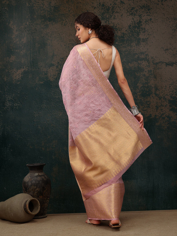 Pink Kota Doria Embroidered Floral Saree with Unstitched Blouse - Hiral Fashion - Distacart