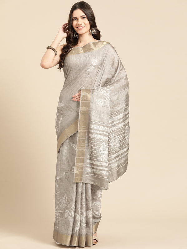 Beige Silk Blend Digital Print Floral Saree with Unstitched Blouse - Hiral Fashion - Distacart