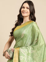 Thumbnail for Green Silk Blend Digital Print Floral Saree with Unstitched Blouse - Hiral Fashion - Distacart