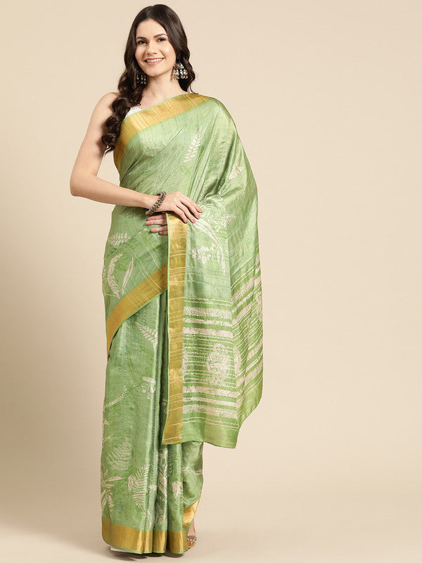 Green Silk Blend Digital Print Floral Saree with Unstitched Blouse - Hiral Fashion - Distacart
