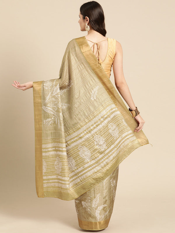 Olive Silk Blend Digital Print Floral Saree with Unstitched Blouse - Hiral Fashion - Distacart