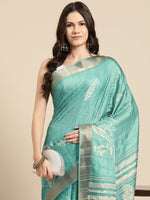 Thumbnail for Turquoise Silk Blend Digital Print Floral Saree with Unstitched Blouse - Hiral Fashion - Distacart