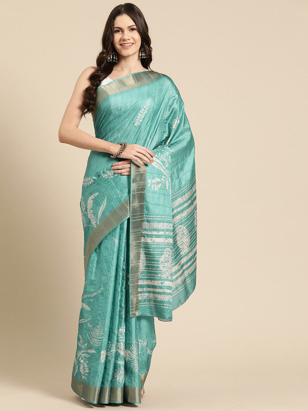 Turquoise Silk Blend Digital Print Floral Saree with Unstitched Blouse - Hiral Fashion - Distacart