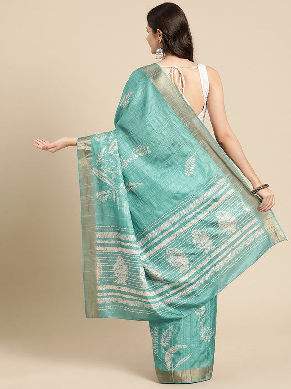 Turquoise Silk Blend Digital Print Floral Saree with Unstitched Blouse - Hiral Fashion - Distacart