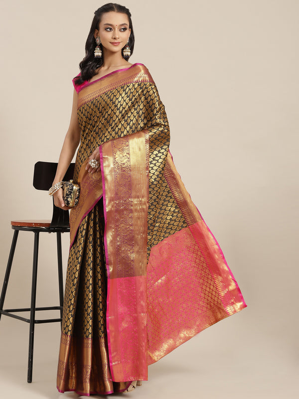 Black Brocade Woven Zari Design Paisely Saree with Unstitched Blouse - Hiral Fashion - Distacart