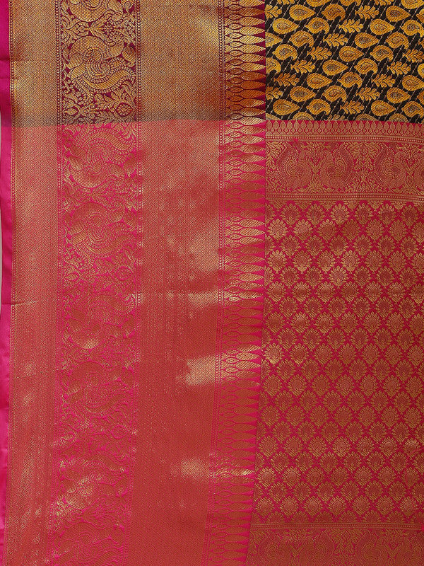 Black Brocade Woven Zari Design Paisely Saree with Unstitched Blouse - Hiral Fashion - Distacart