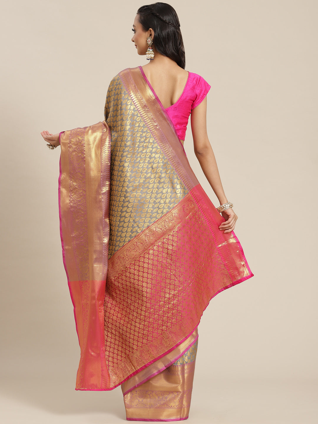 Gray Brocade Woven Zari Design Paisely Saree with Unstitched Blouse - Hiral Fashion - Distacart