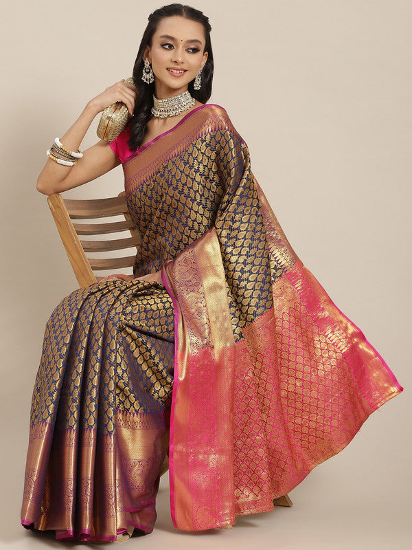 Navy Blue Brocade Woven Zari Design Paisely Saree with Unstitched Blouse - Hiral Fashion - Distacart