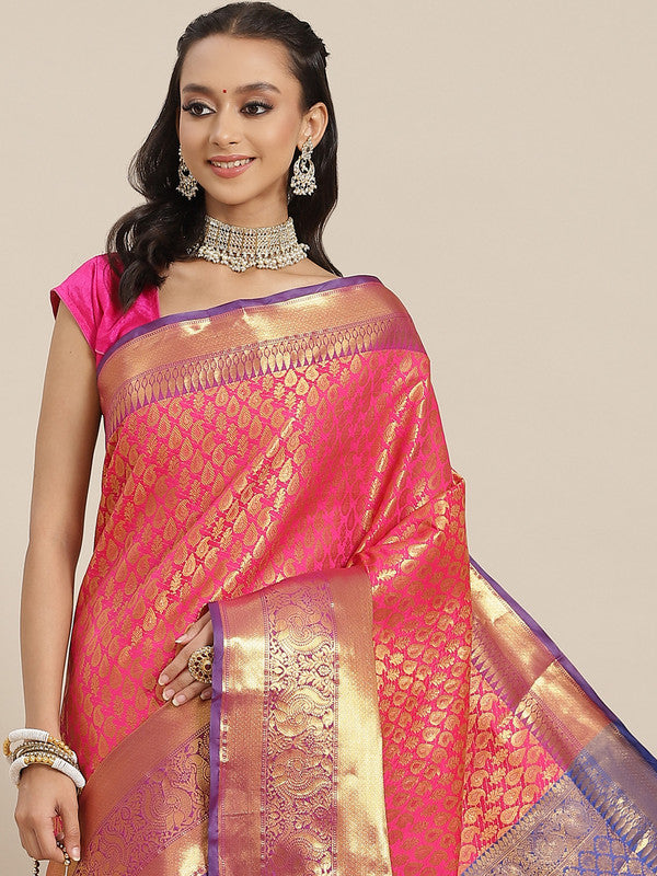 Pink Brocade Woven Zari Design Paisely Saree with Unstitched Blouse - Hiral Fashion - Distacart