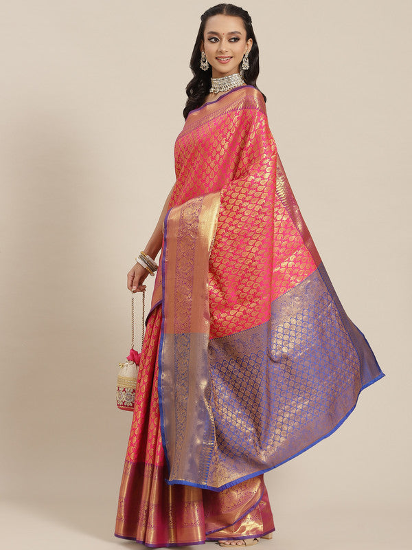 Pink Brocade Woven Zari Design Paisely Saree with Unstitched Blouse - Hiral Fashion - Distacart