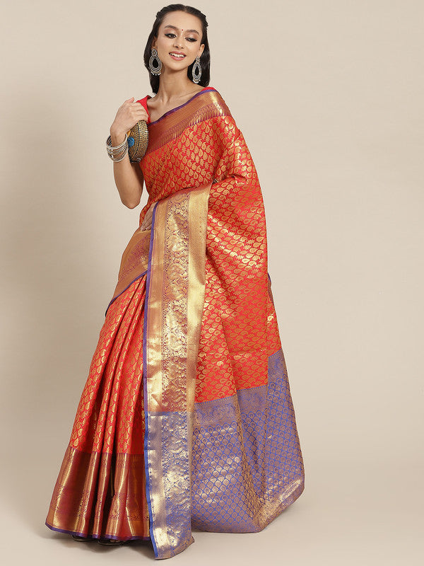 Red Brocade Woven Zari Design Paisely Saree with Unstitched Blouse - Hiral Fashion - Distacart