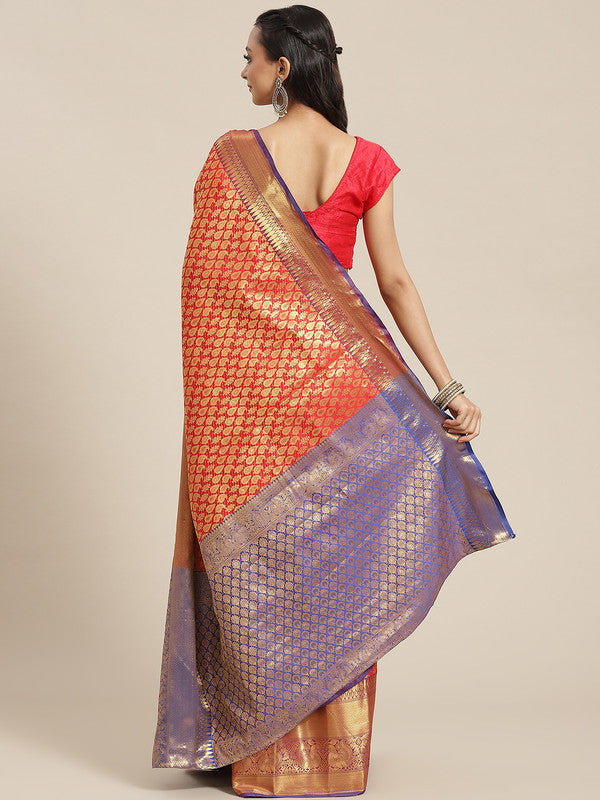 Red Brocade Woven Zari Design Paisely Saree with Unstitched Blouse - Hiral Fashion - Distacart