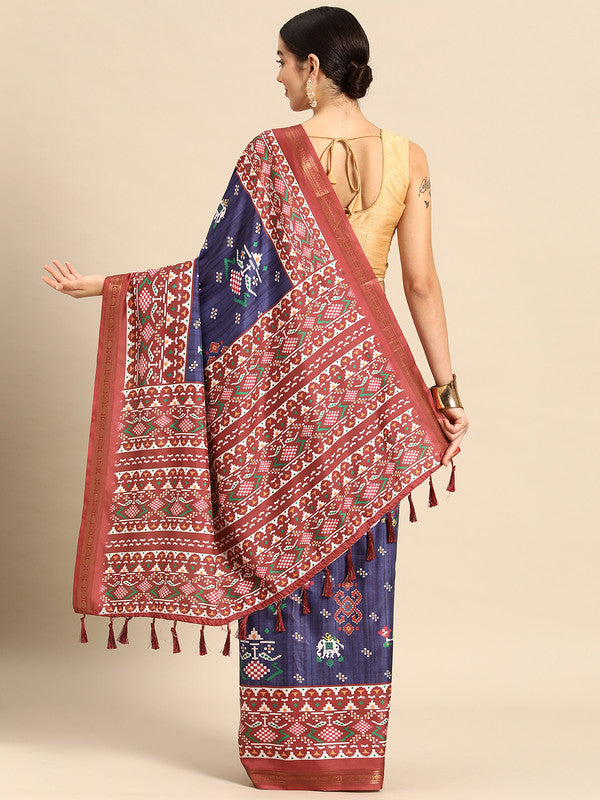 Navy Blue Silk Blend Digital Print Patola Saree with Unstitched Blouse - Hiral Fashion - Distacart