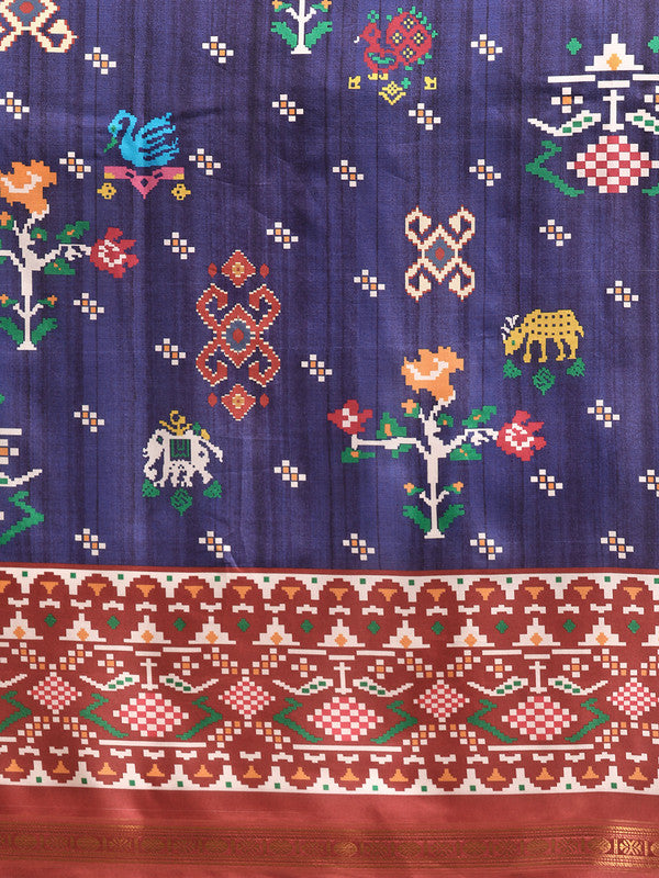 Navy Blue Silk Blend Digital Print Patola Saree with Unstitched Blouse - Hiral Fashion - Distacart