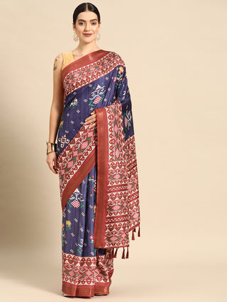 Navy Blue Silk Blend Digital Print Patola Saree with Unstitched Blouse - Hiral Fashion - Distacart