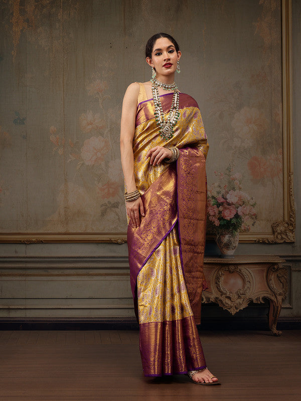 Mustard Pure Silk Woven Zari Design Floral Saree with Unstitched Blouse - Hiral Fashion - Distacart