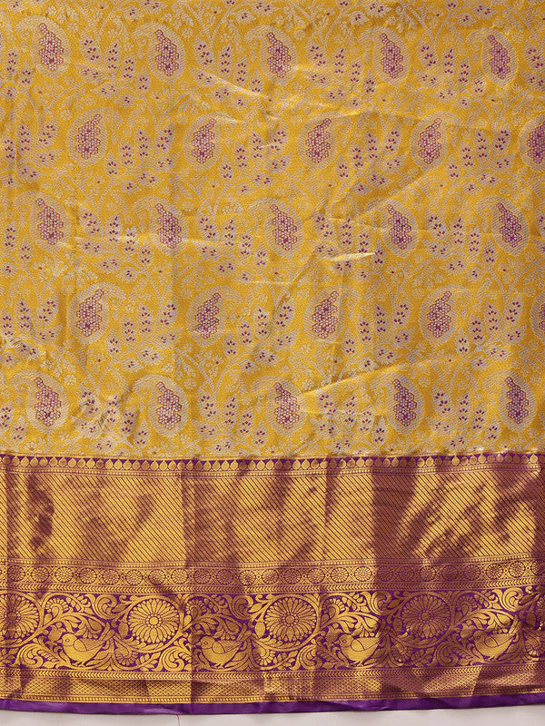 Mustard Pure Silk Woven Zari Design Floral Saree with Unstitched Blouse - Hiral Fashion - Distacart