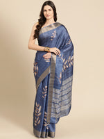 Thumbnail for Blue Silk Blend Digital Print Floral Saree with Unstitched Blouse - Hiral Fashion - Distacart