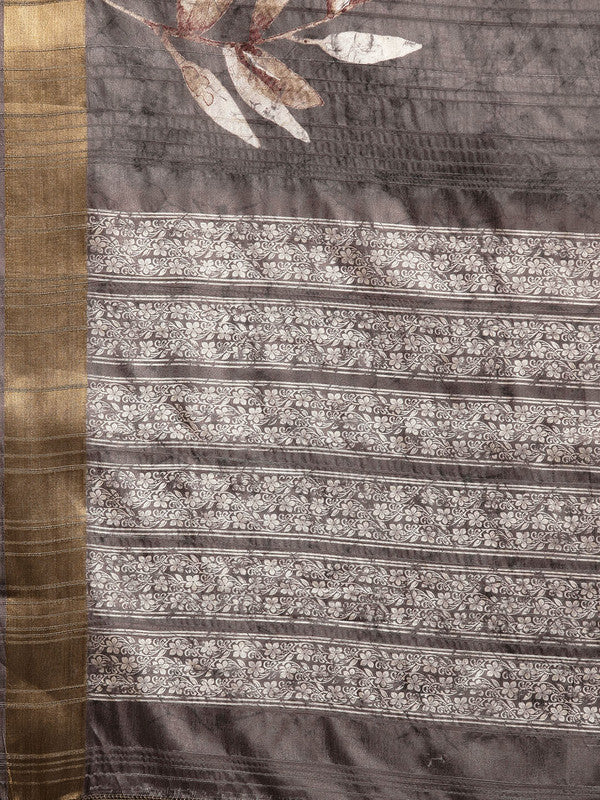 Brown Silk Blend Digital Print Floral Saree with Unstitched Blouse - Hiral Fashion - Distacart