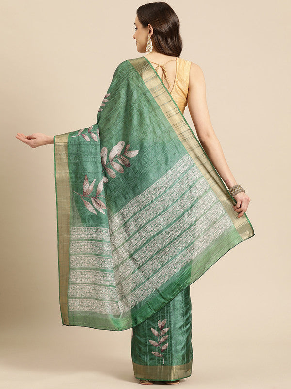 Green Silk Blend Digital Print Floral Saree with Unstitched Blouse - Hiral Fashion - Distacart