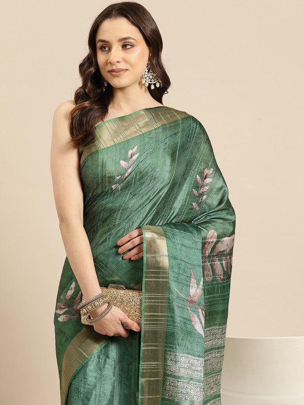 Green Silk Blend Digital Print Floral Saree with Unstitched Blouse - Hiral Fashion - Distacart