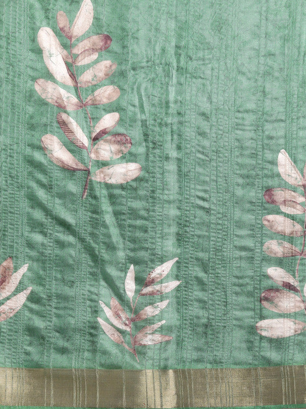 Green Silk Blend Digital Print Floral Saree with Unstitched Blouse - Hiral Fashion - Distacart