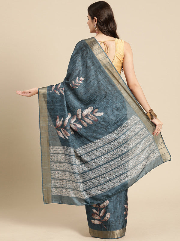 Turquoise Silk Blend Digital Print Floral Saree with Unstitched Blouse - Hiral Fashion - Distacart